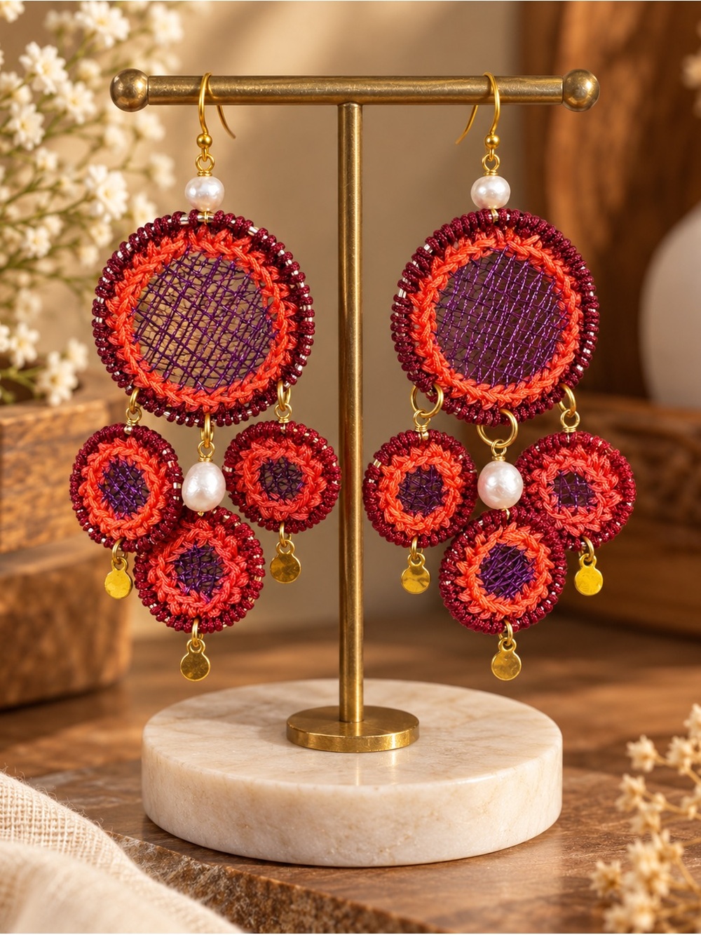 Handcrafted Red & Purple Crochet Drop Earrings with Pearl Accent
